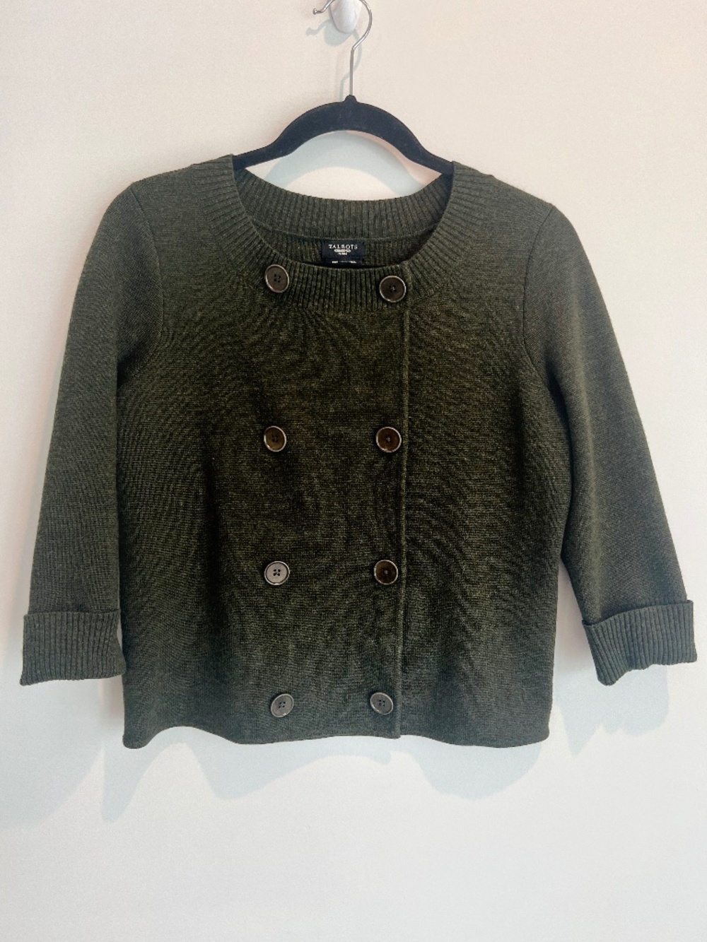 Talbots Vintage Olive Green Merino Wool Double Breasted Sweater Jacket PM